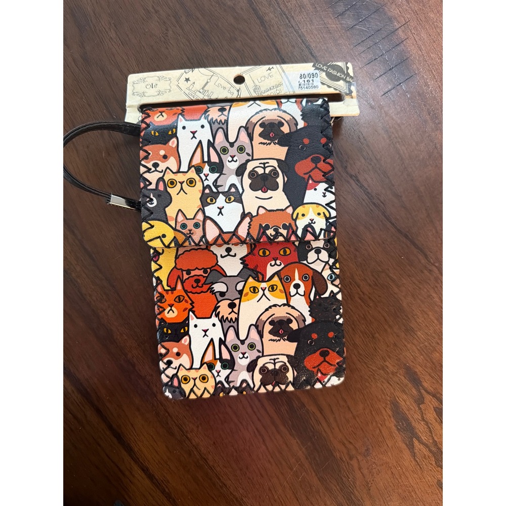 Cartoon Cat and Dog Print Crossbody Phone Bag Magnetic Snap Whipstitch New